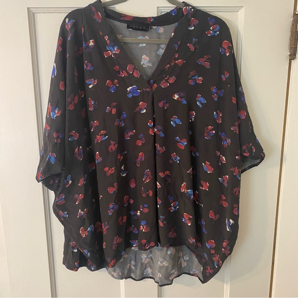 Hatch one size black silk like maternity shirt/ tunic with pattern.